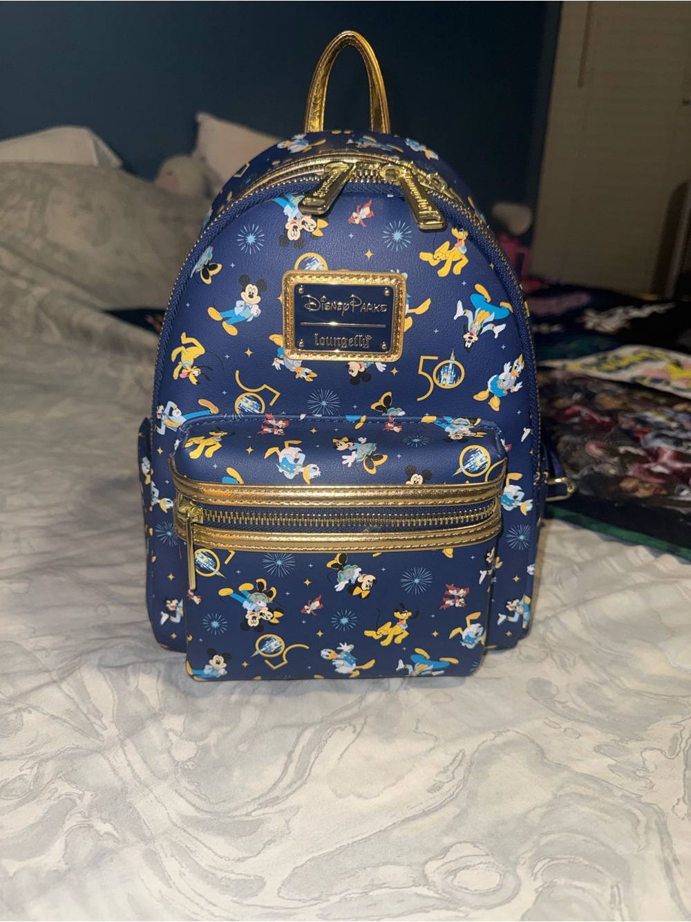 Loungefly Navy and Gold Disney Characters Mini Backpack